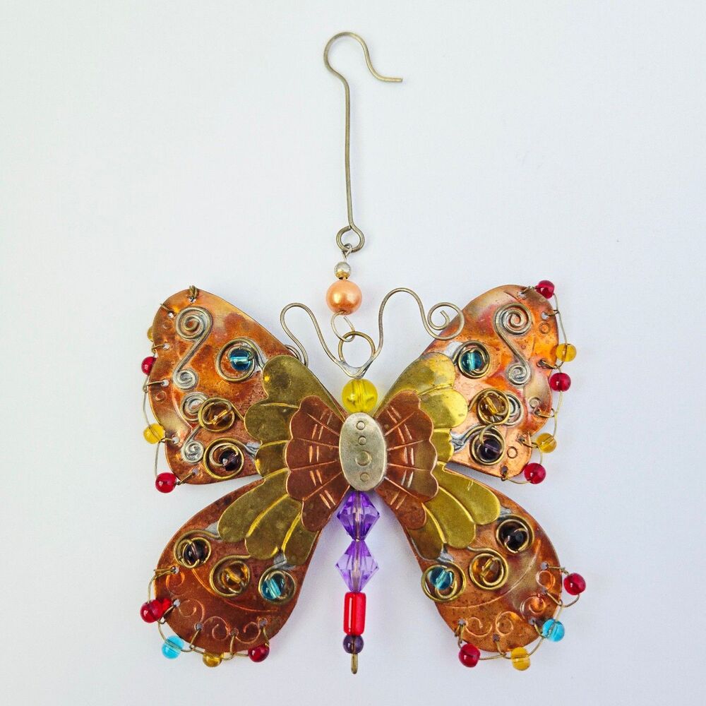 Handmade Copper & Brass Beaded Metal Butterfly Ornament Colorful Bright Wings